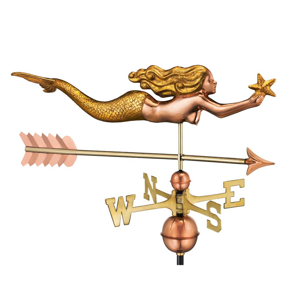 Mermaid with Starfish and Arrow Weathervane-Pure Copper with Golden Leaf Finish